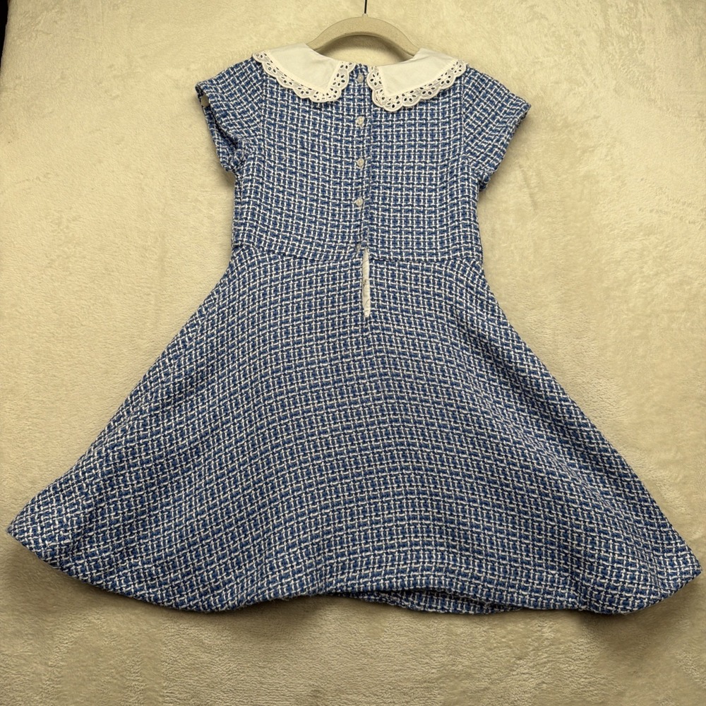 Janie and Jack Tweed Dress Girls 8 Blue White Eyelet Collar Party - Picture 8 of 9